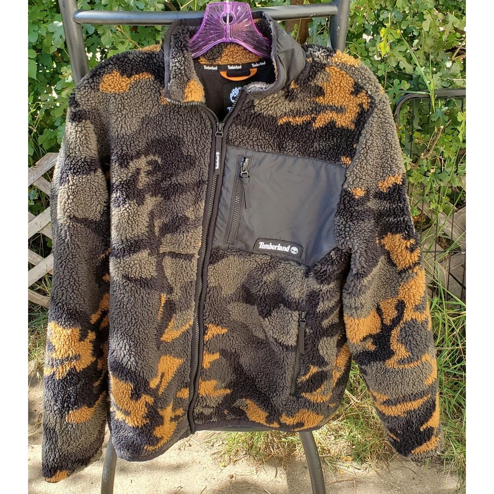 Timberland Camo Sherpa Fleece Jacket  Men's S Full Zip Green Brown Black Beige